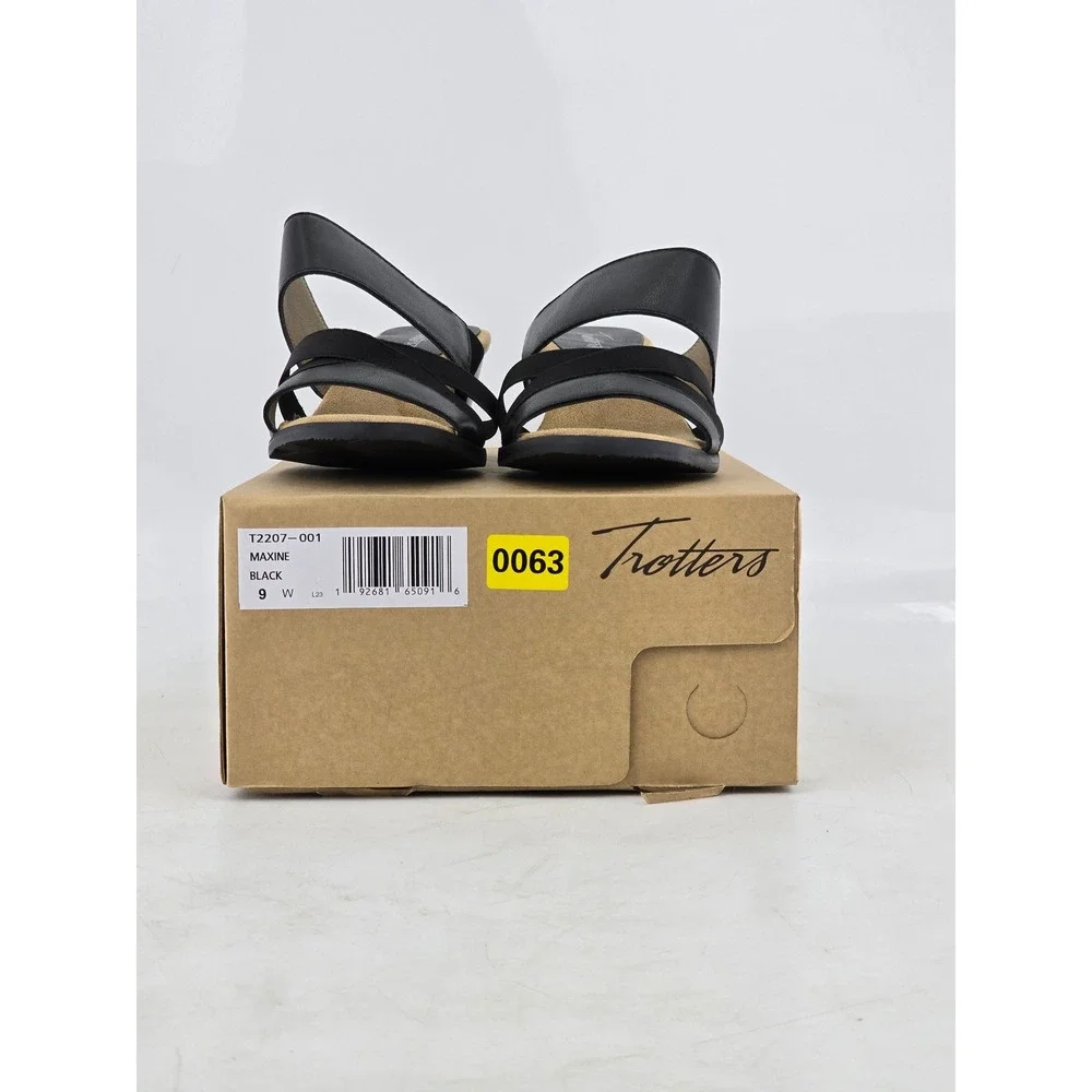 Trotters Maxine Sandals Women 9 W Black Leather Strappy Block Heel - NEW